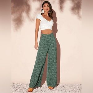 Wide leg green and white floral pants